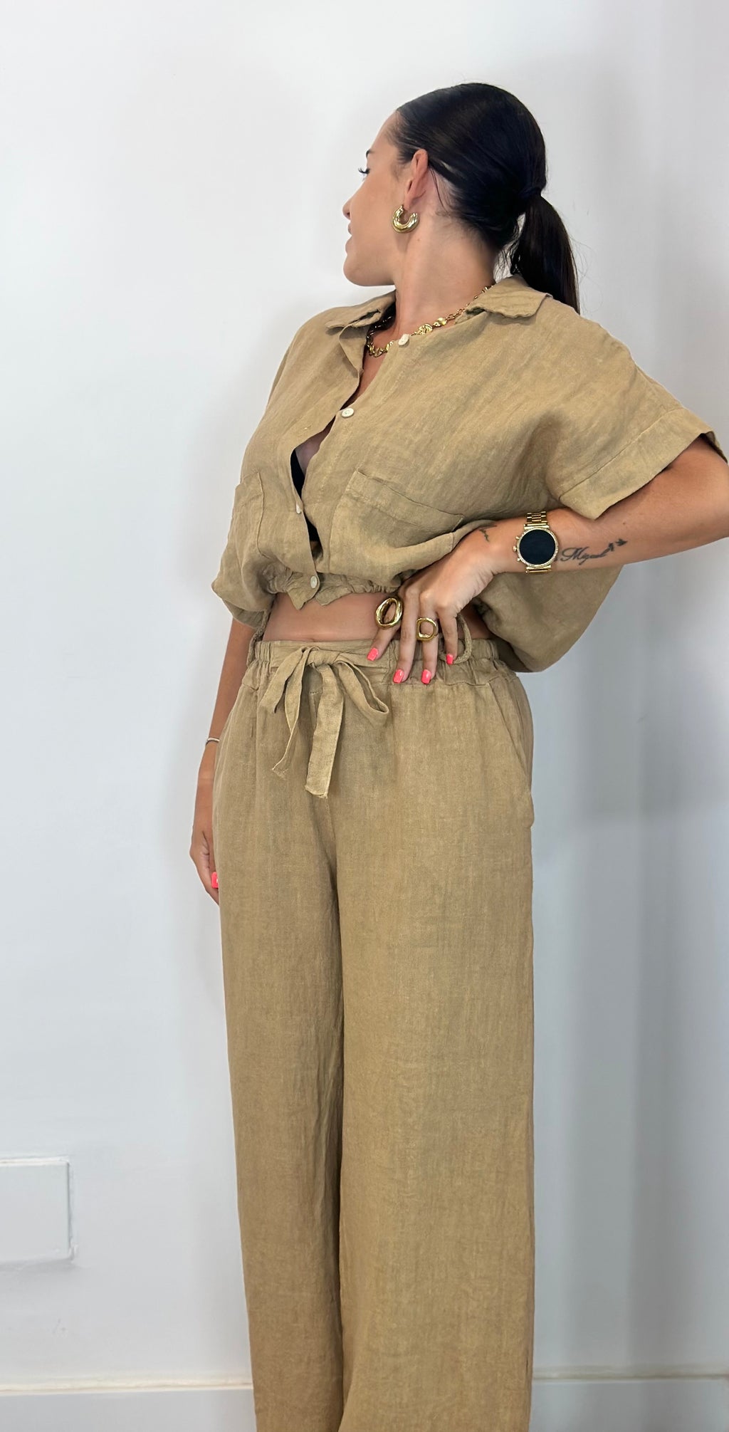 CAMISA CROP LINO CAMEL